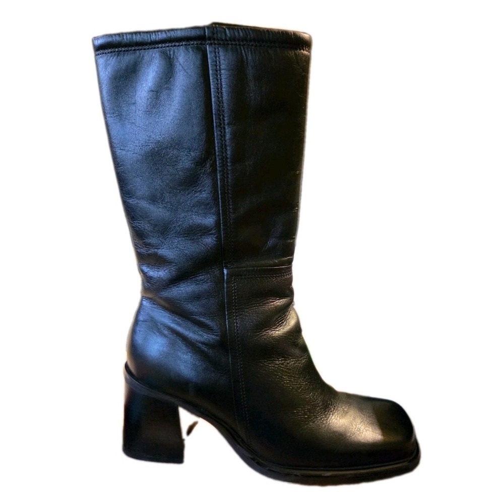 Studio Works Black Leather Square Toe Block Heel Mid Calf Boots Kitty 7.5M 90s